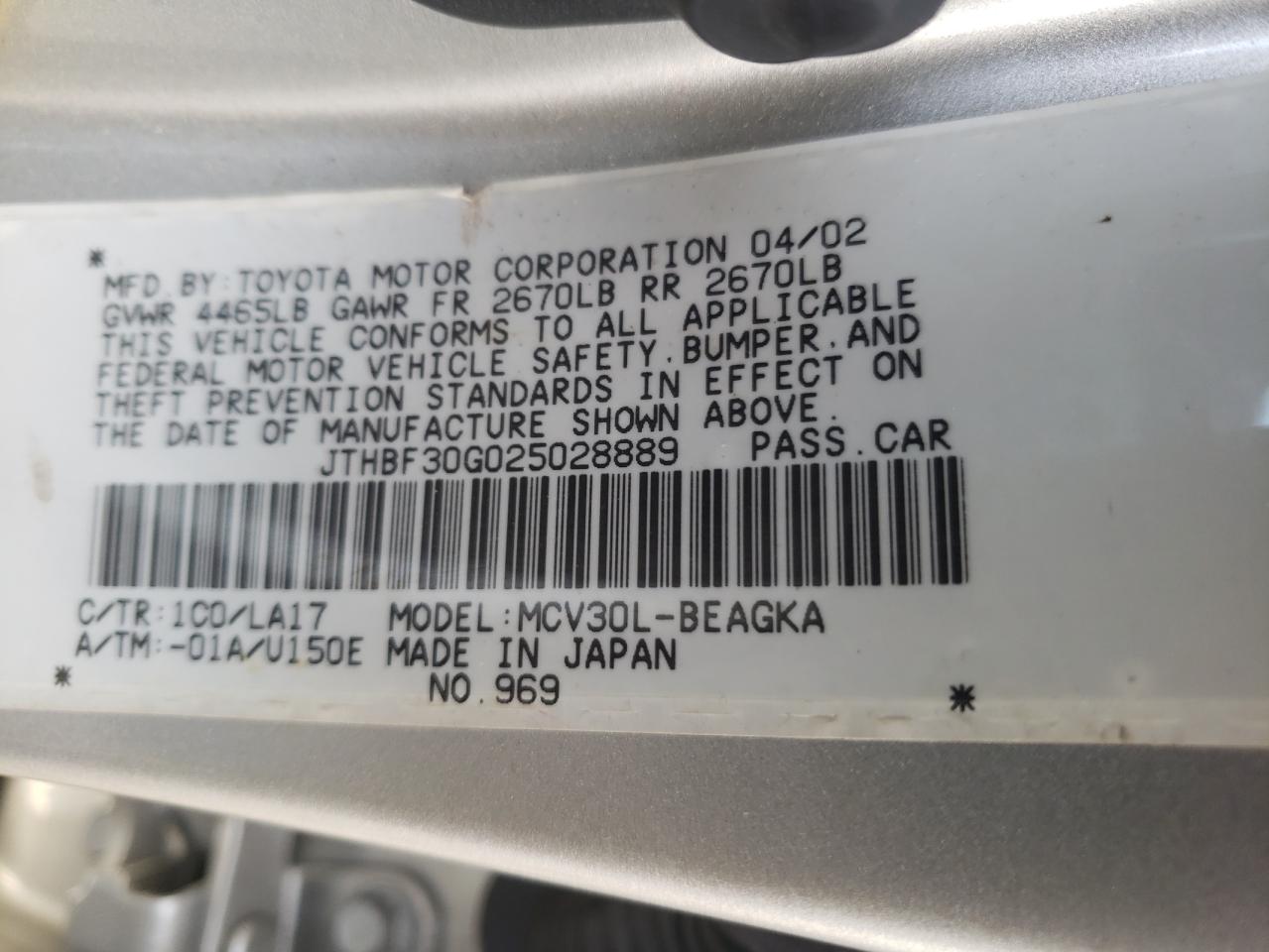 Photo 10 from auction – 2002 LEXUS ES 300 with VIN JTHBF30G025028889