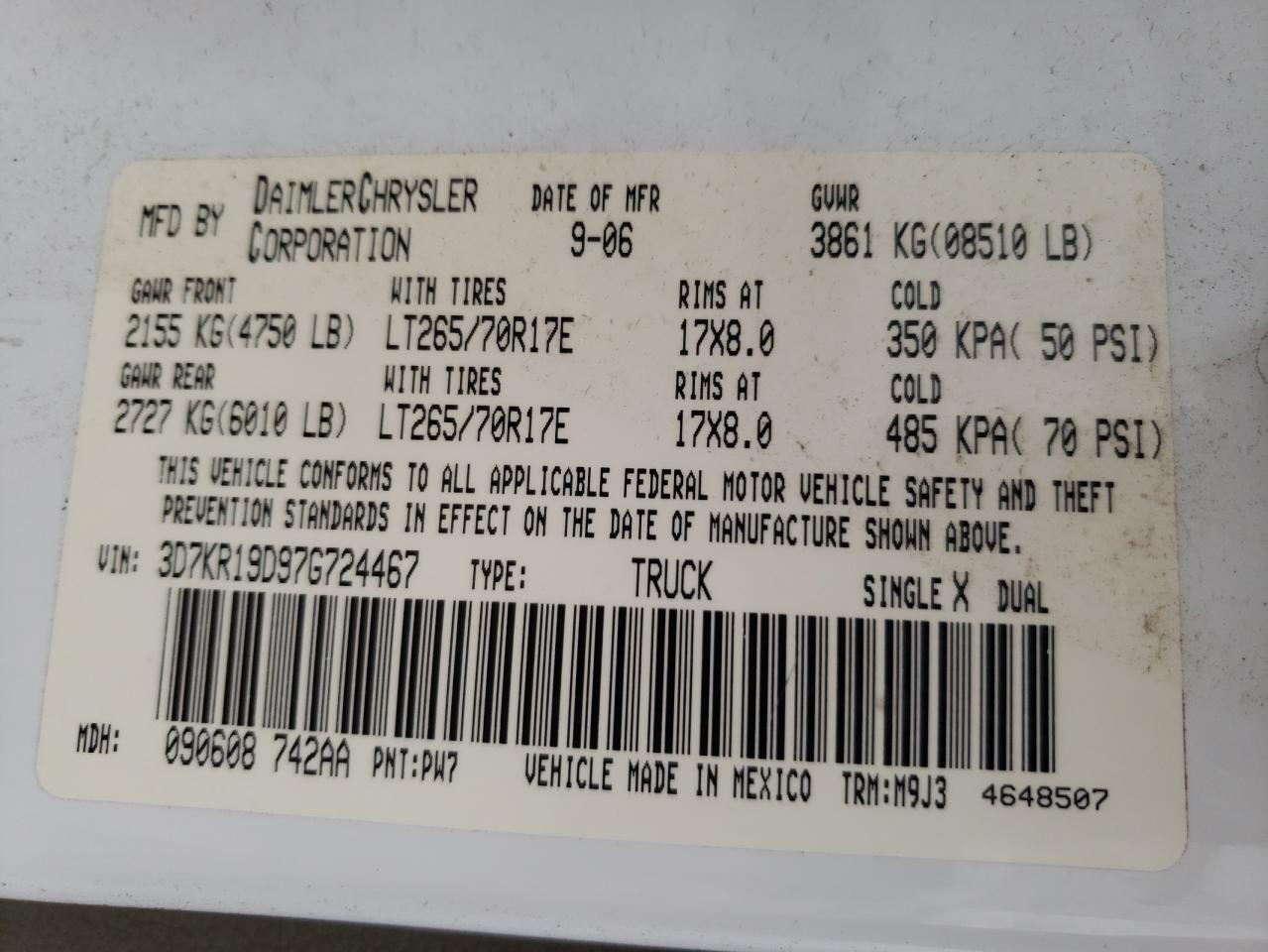 Photo 10 from auction – 2007 DODGE RAM 1500 with VIN 3D7KR19D97G724467