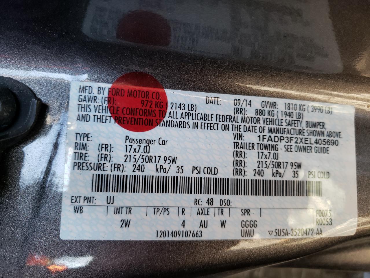 Photo 10 from auction – 2014 FORD FOCUS SE with VIN 1FADP3F2XEL405690