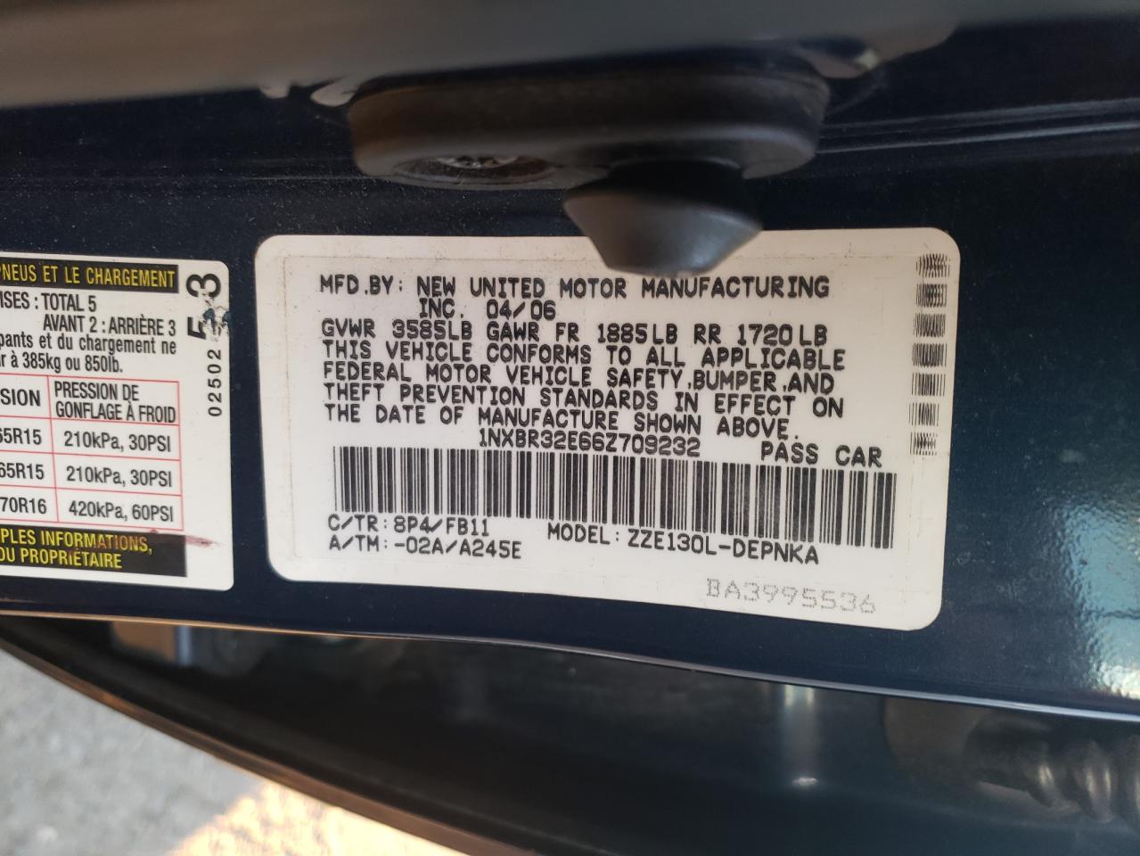 Photo 10 from auction – 2006 TOYOTA COROLLA CE with VIN 1NXBR32E66Z709232