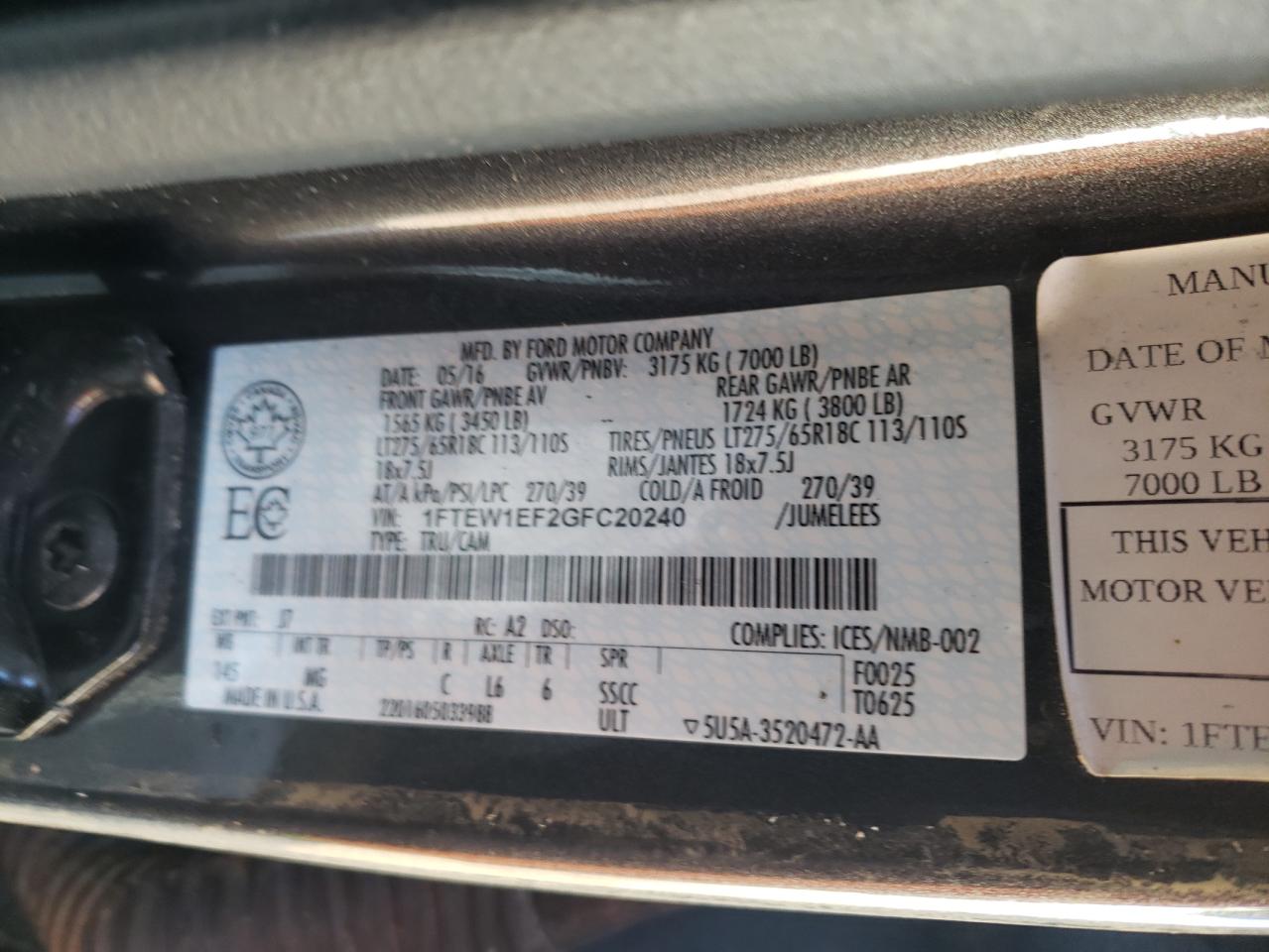 Photo 10 from auction – 2016 FORD F150 SUPER with VIN 1FTEW1EF2GFC20240