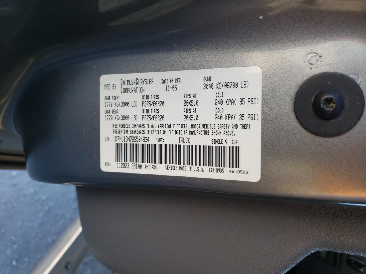 Photo 10 from auction – 2006 DODGE RAM 1500 S with VIN 1D7HU18N76S584834