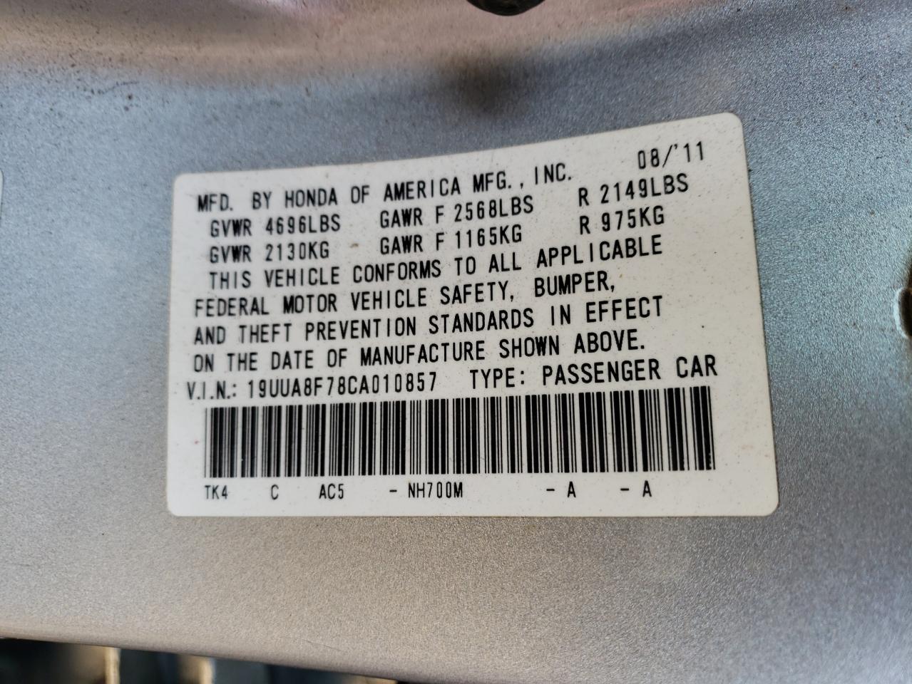Photo 10 from auction – 2012 ACURA TL with VIN 19UUA8F78CA010857