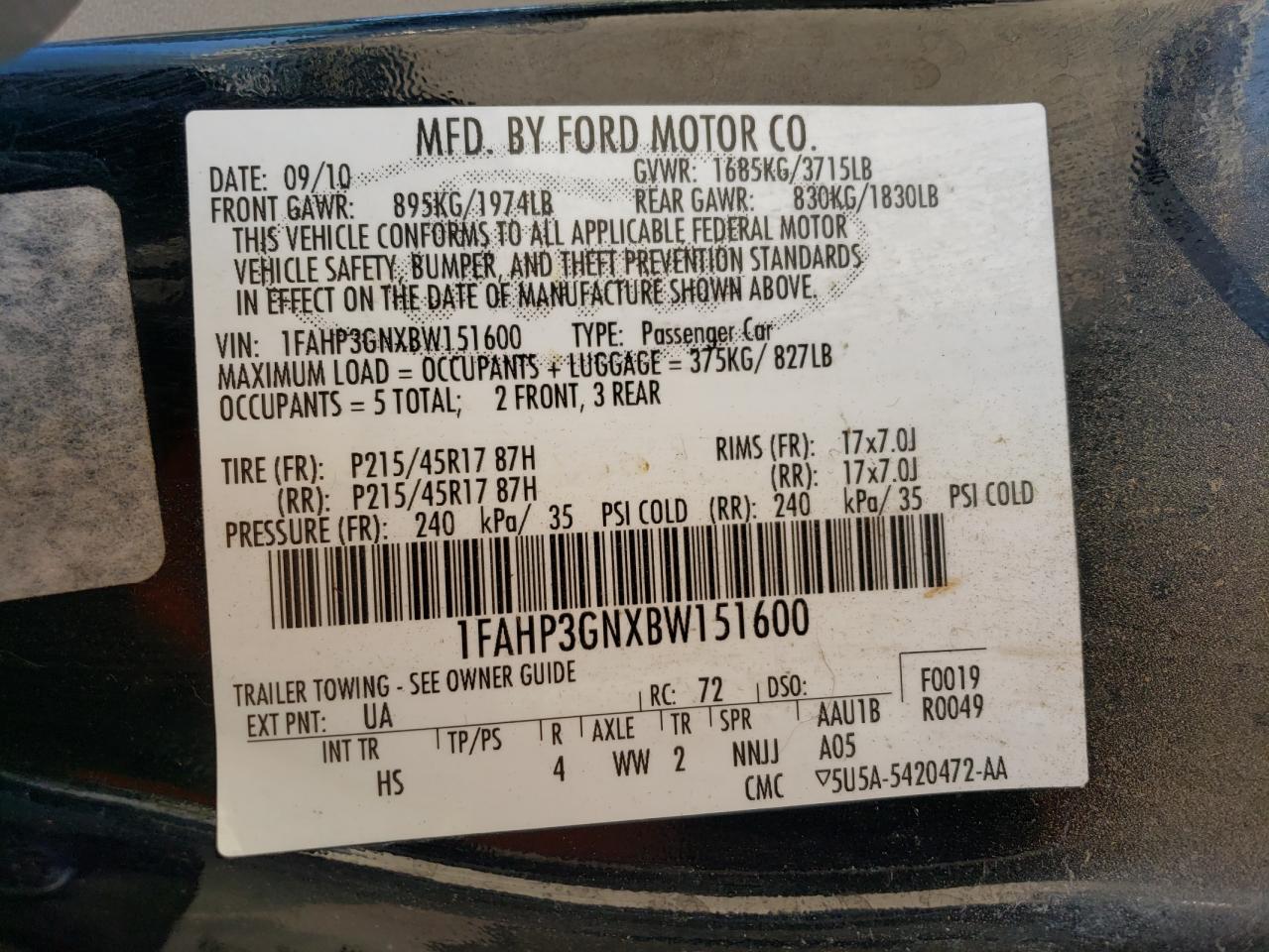 Photo 10 from auction – 2011 FORD FOCUS SES with VIN 1FAHP3GNXBW151600