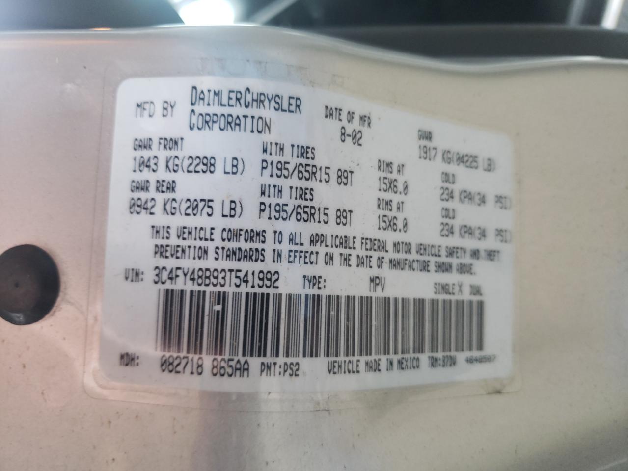 Photo 10 from auction – 2003 CHRYSLER PT CRUISER with VIN 3C4FY48B93T541992