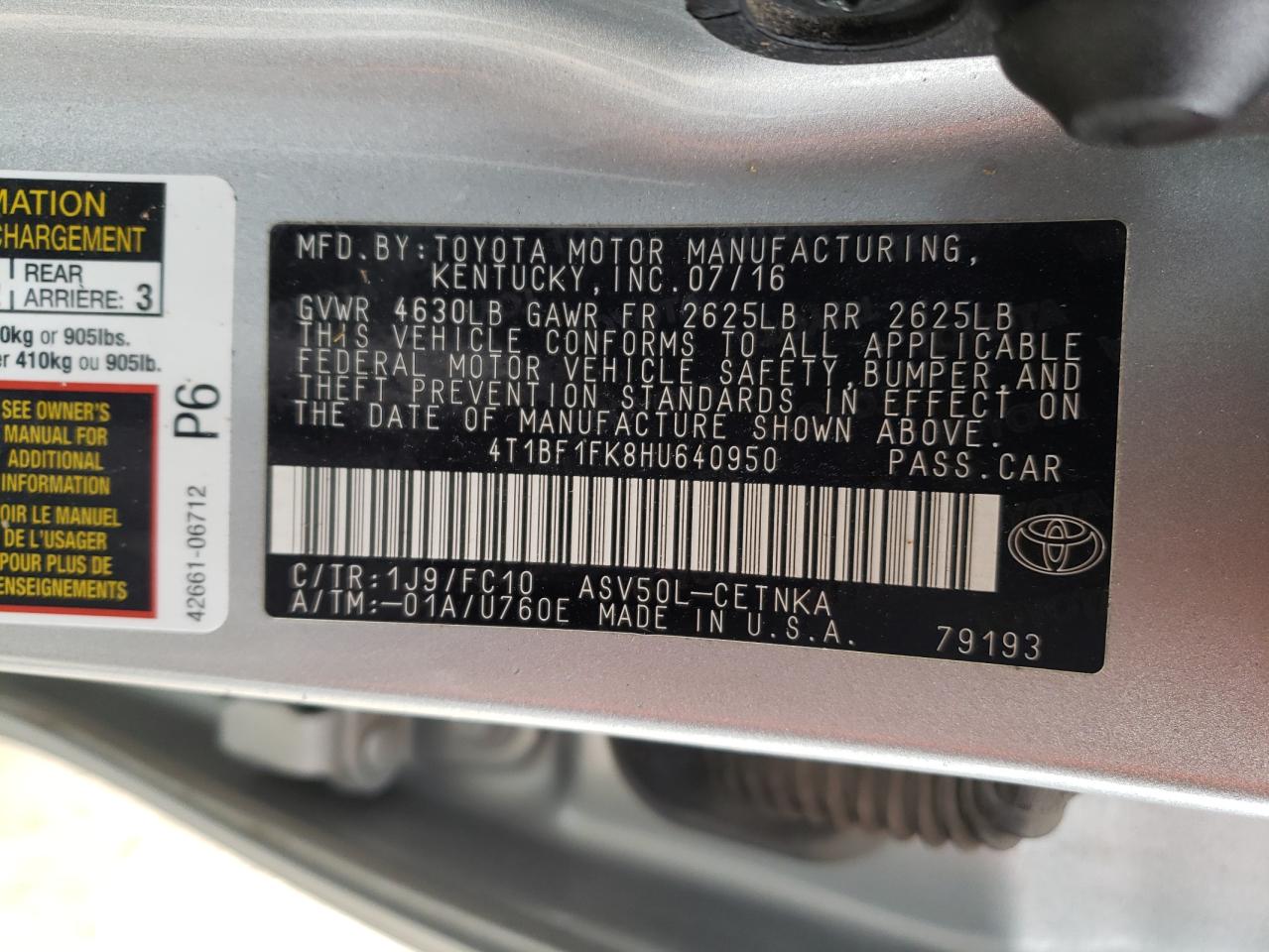 Photo 10 from auction – 2017 TOYOTA CAMRY LE with VIN 4T1BF1FK8HU640950