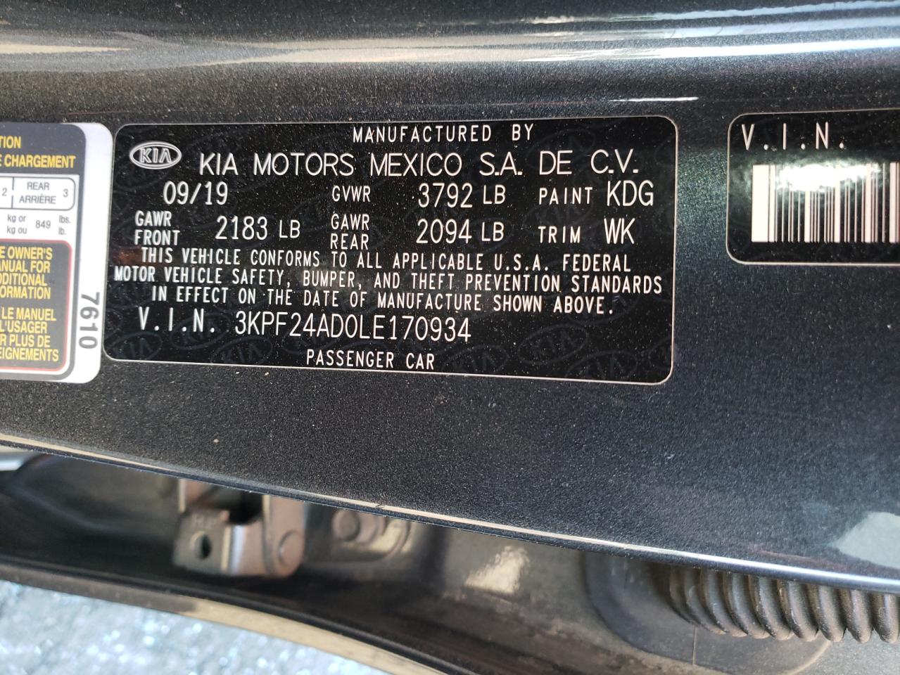 Photo 10 from auction – 2020 KIA FORTE FE with VIN 3KPF24AD0LE170934