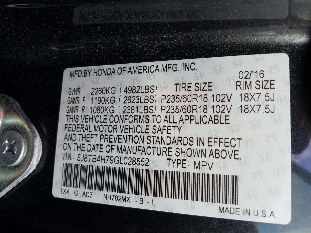 Photo 19 from auction – 2016 ACURA RDX ADVANC with VIN 5J8TB4H79GL028552