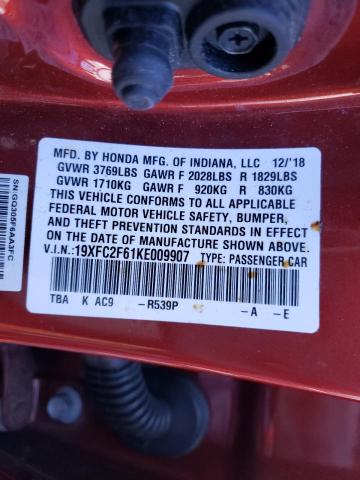 Photo 10 from auction – 2019 HONDA CIVIC LX with VIN 19XFC2F61KE009907