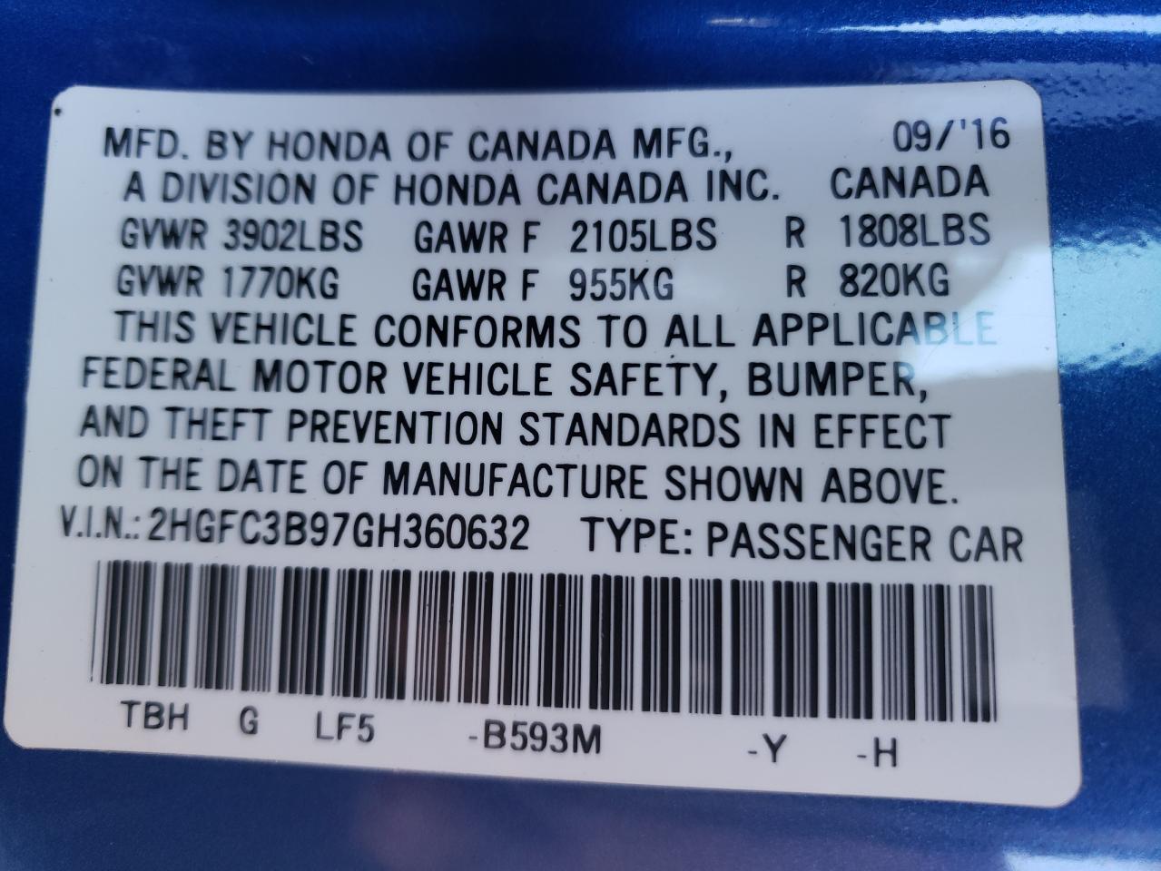 Photo 10 from auction – 2016 HONDA CIVIC TOUR with VIN 2HGFC3B97GH360632