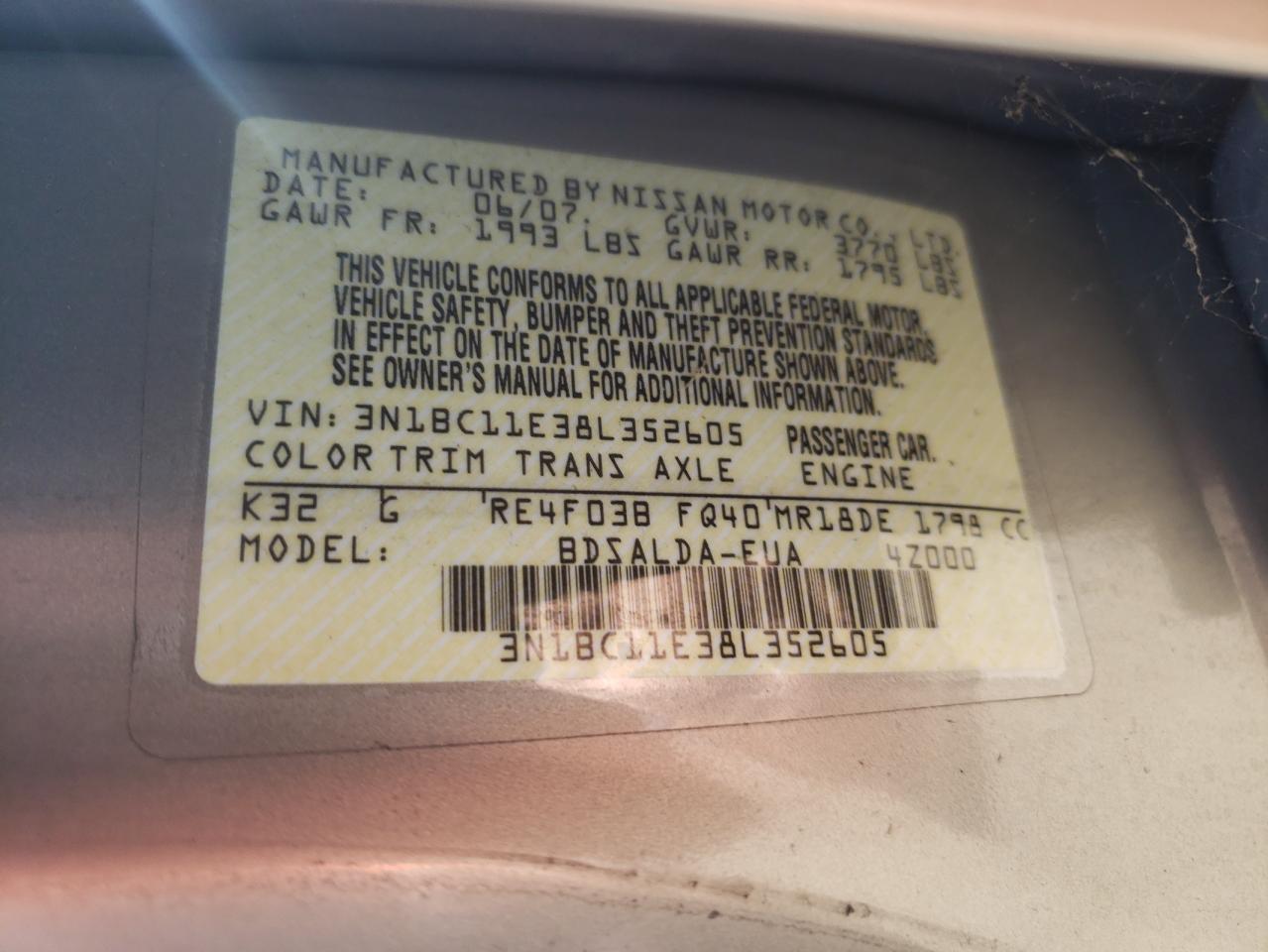 Photo 10 from auction – 2008 NISSAN VERSA S with VIN 3N1BC11E38L352605