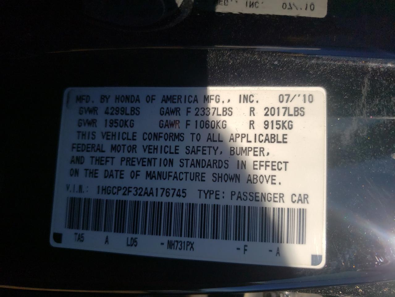 Photo 10 from auction – 2010 HONDA ACCORD with VIN 1HGCP2F32AA176745