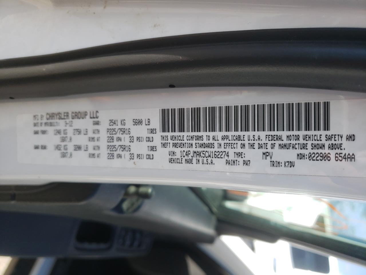 Photo 10 from auction – 2012 JEEP LIBERTY SP with VIN 1C4PJMAK5CW162274