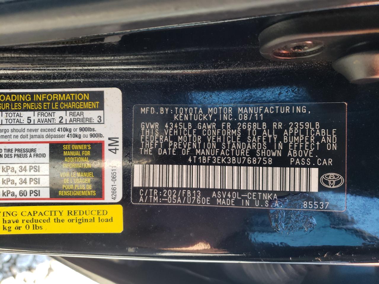 Photo 10 from auction – 2011 TOYOTA CAMRY BASE with VIN 4T1BF3EK3BU768758