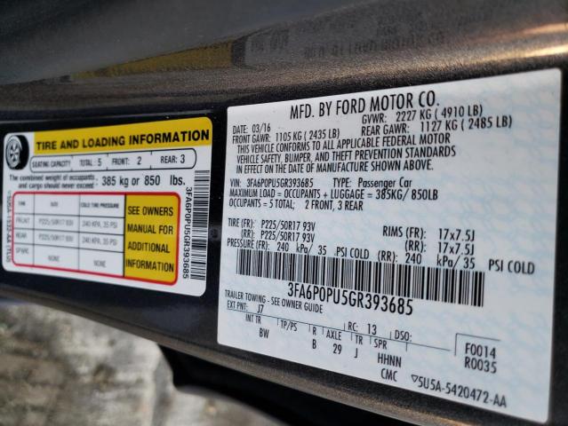 Photo 10 from auction – 2016 FORD FUSION SE with VIN 3FA6P0PU5GR393685