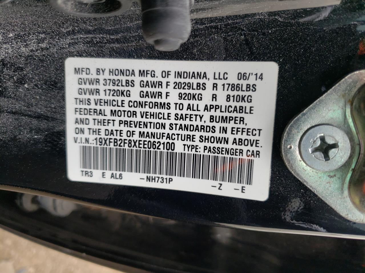 Photo 10 from auction – 2014 HONDA CIVIC EX with VIN 19XFB2F8XEE062100
