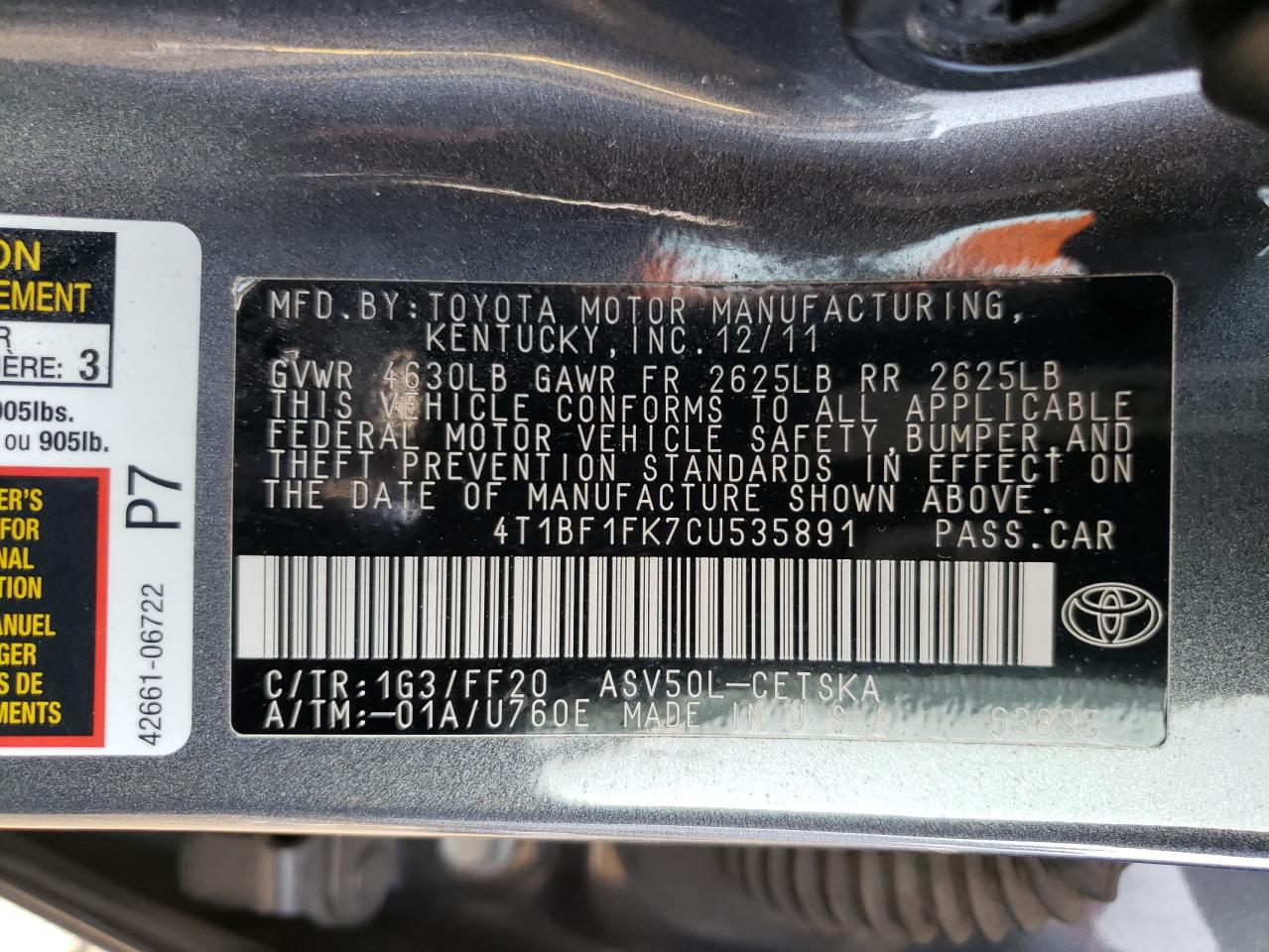 Photo 10 from auction – 2012 TOYOTA CAMRY BASE with VIN 4T1BF1FK7CU535891