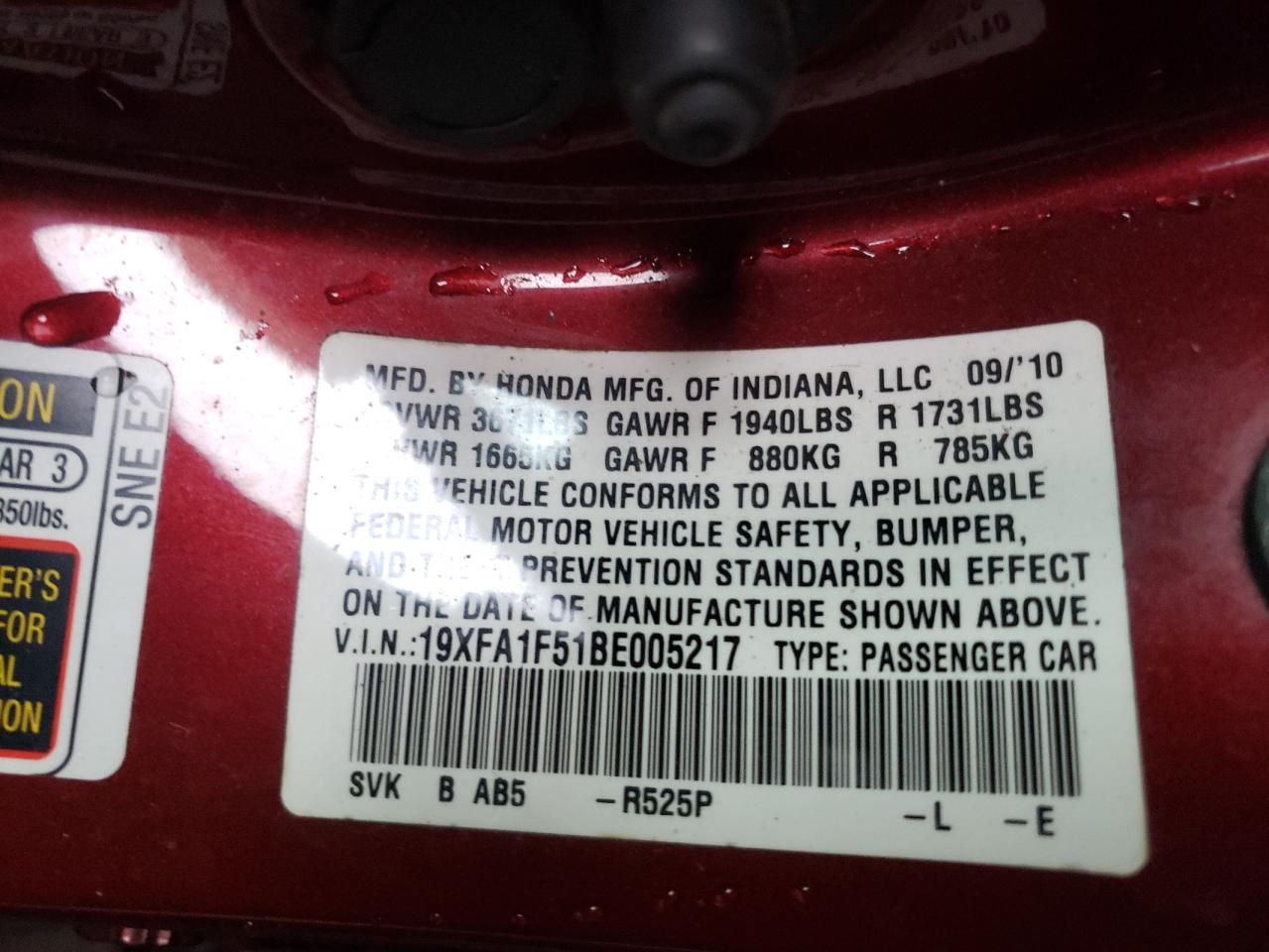 Photo 10 from auction – 2011 HONDA CIVIC LX with VIN 19XFA1F51BE005217