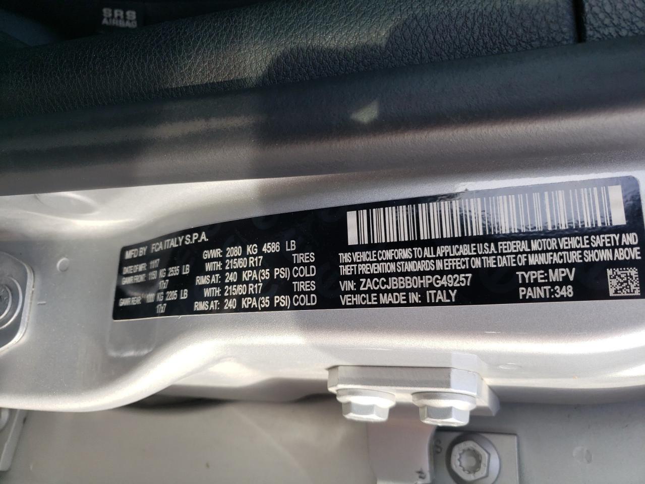 Photo 10 from auction – 2017 JEEP RENEGADE L with VIN ZACCJBBB0HPG49257