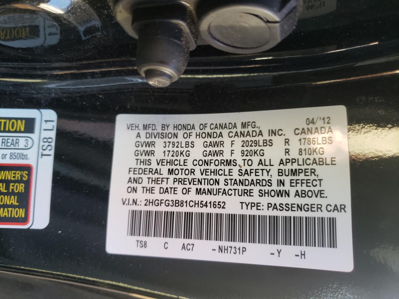 Photo 10 from auction – 2012 HONDA CIVIC EX with VIN 2HGFG3B81CH541652