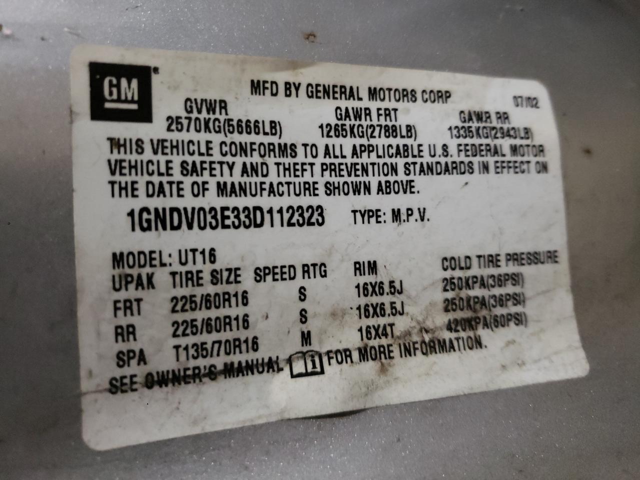 Photo 10 from auction – 2003 CHEVROLET VENTURE with VIN 1GNDV03E33D112323