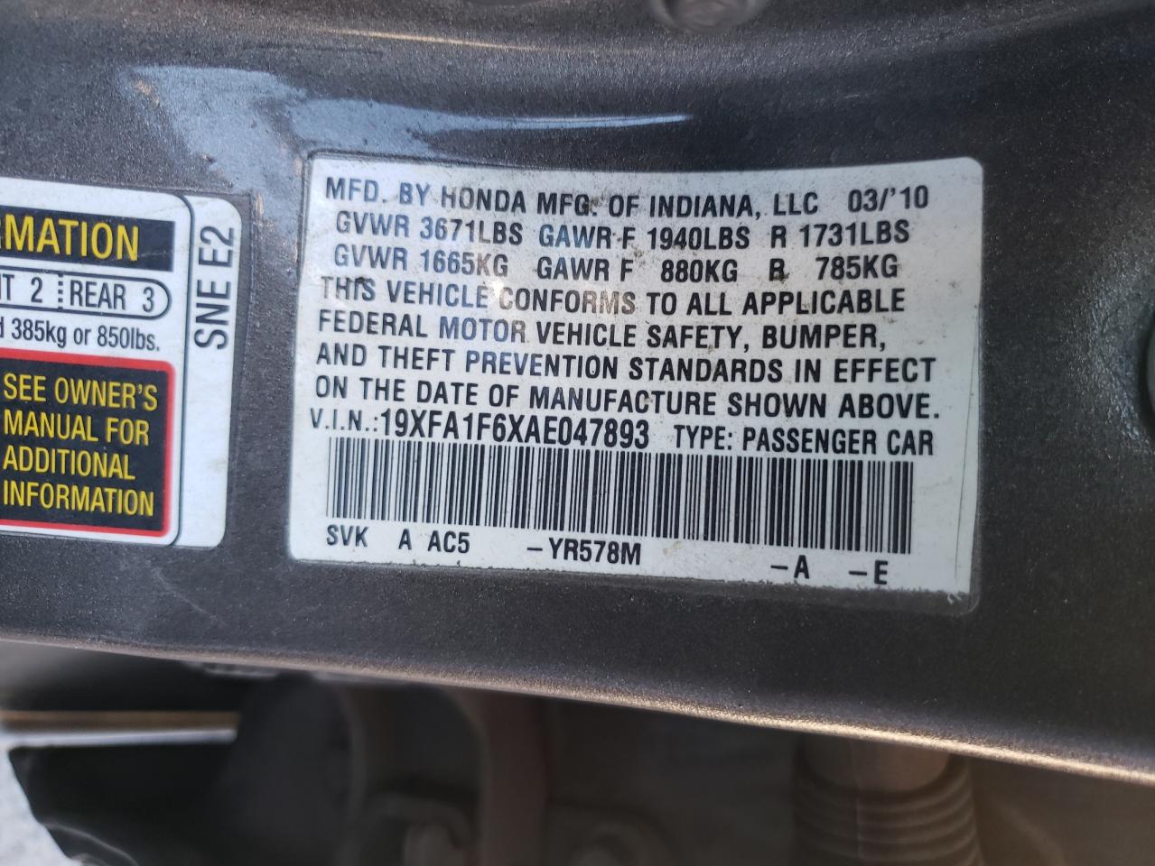 Zdjęcie 10 z aukcji – 2010 HONDA CIVIC LX-S z VIN 19XFA1F6XAE047893