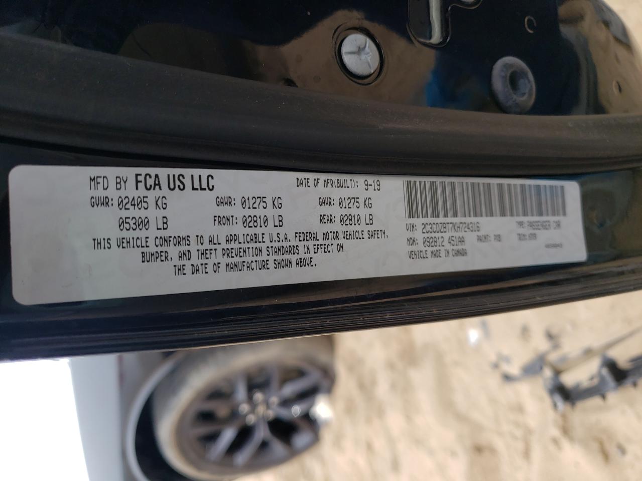 Photo 10 from auction – 2019 DODGE CHALLENGER with VIN 2C3CDZBT7KH724316