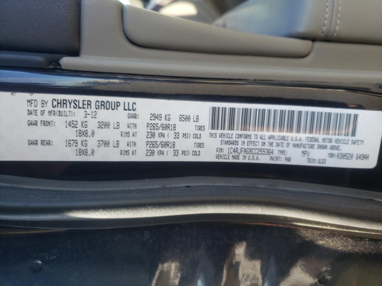 Photo 10 from auction – 2012 JEEP GRAND CHER with VIN 1C4RJFAG9CC255364