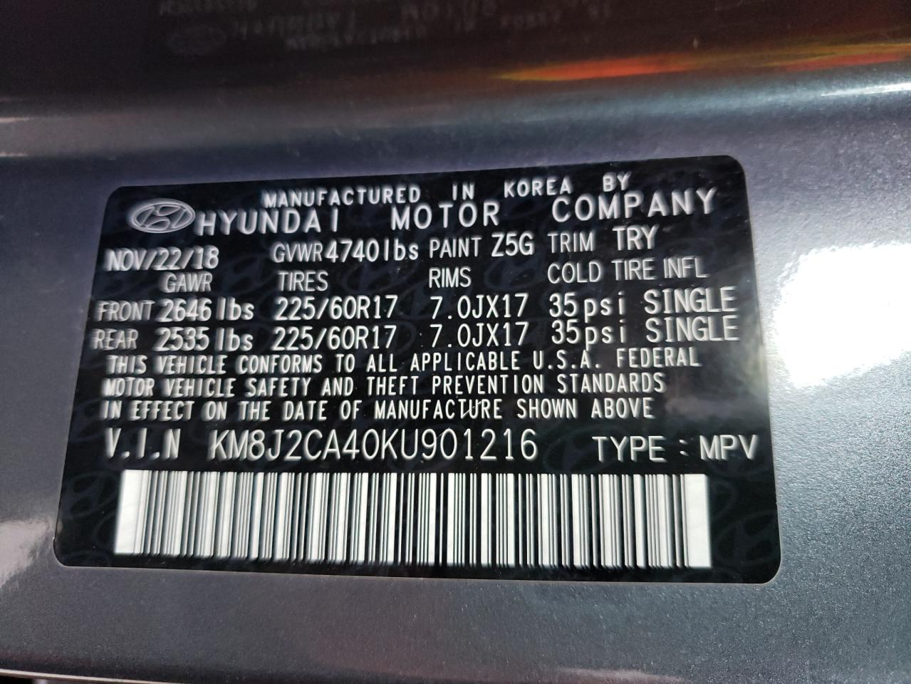 Photo 10 from auction – 2019 HYUNDAI TUCSON SE with VIN KM8J2CA40KU901216