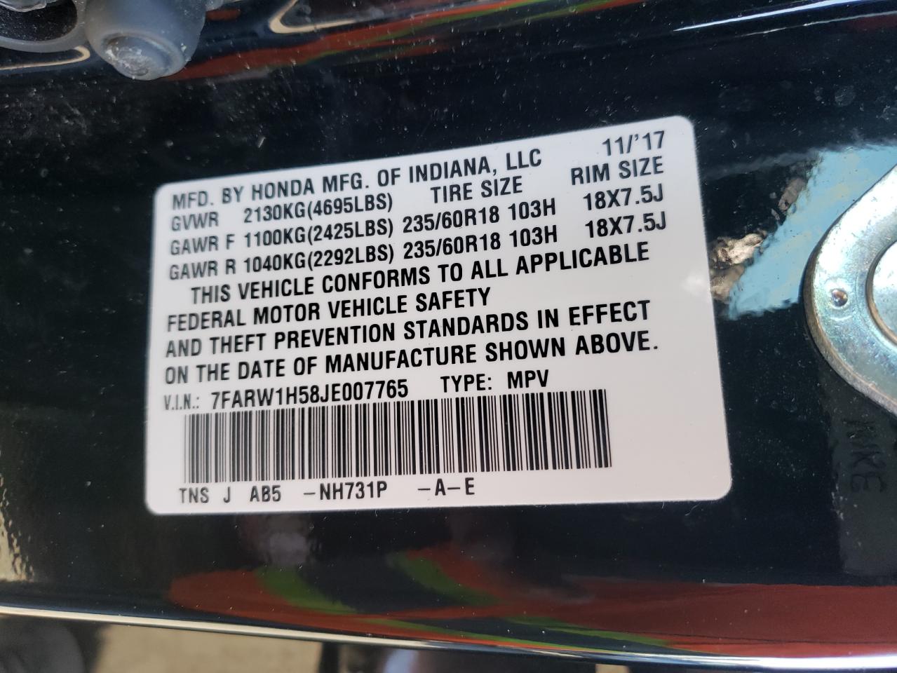 Photo 10 from auction – 2018 HONDA CR-V EX with VIN 7FARW1H58JE007765