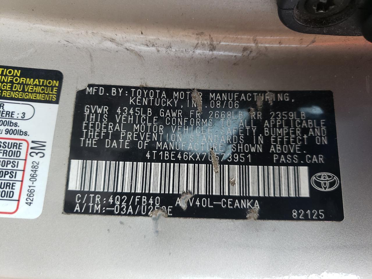 Photo 10 from auction – 2007 TOYOTA CAMRY CE/L with VIN 4T1BE46KX7U573951