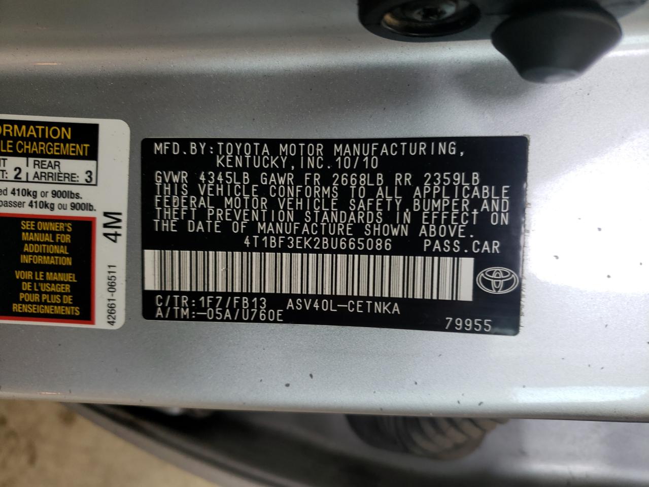 Photo 10 from auction – 2011 TOYOTA CAMRY BASE with VIN 4T1BF3EK2BU665086