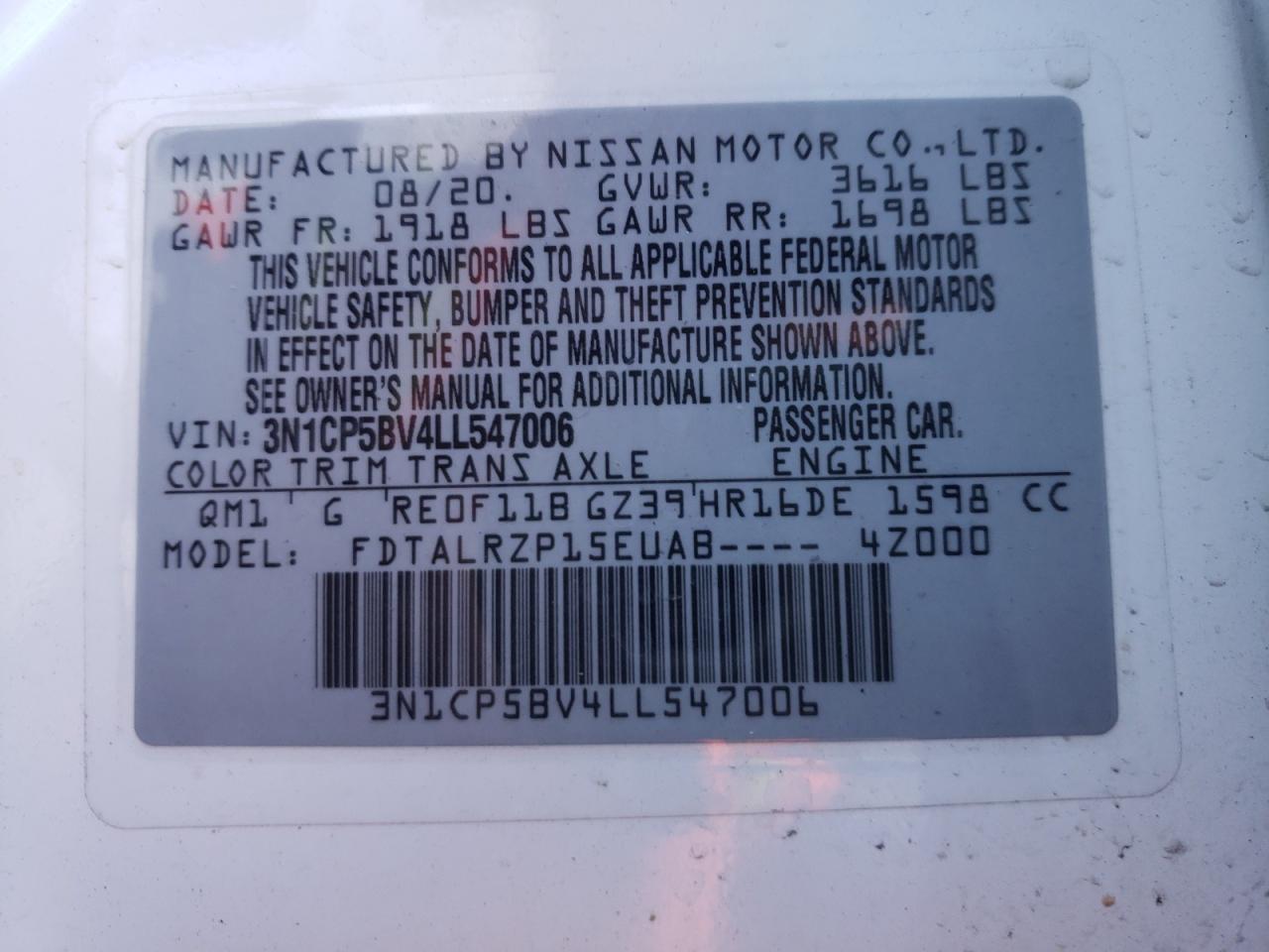 Photo 10 from auction – 2020 NISSAN KICKS S with VIN 3N1CP5BV4LL547006