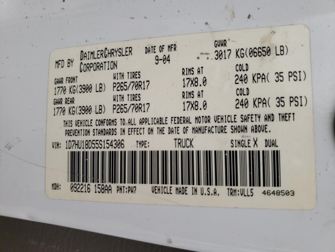 Photo 10 from auction – 2005 DODGE RAM 1500 S with VIN 1D7HU18D55S154306