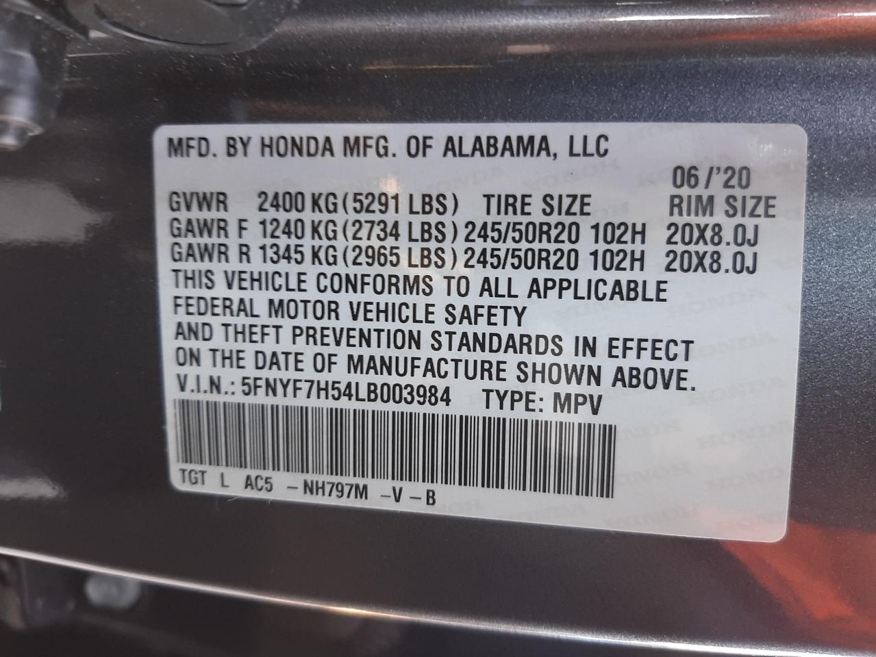 Photo 10 from auction – 2020 HONDA PASSPORT E with VIN 5FNYF7H54LB003984