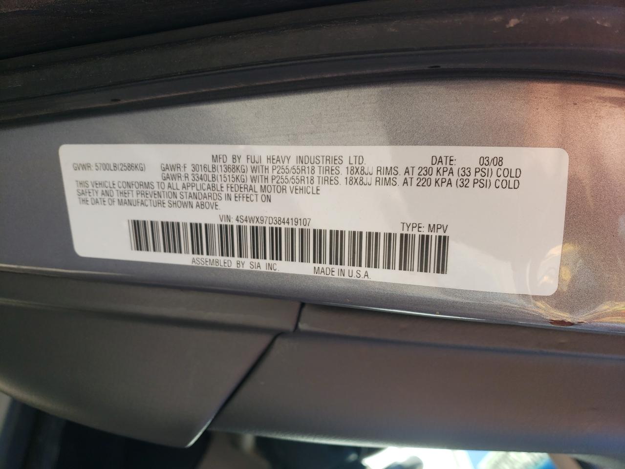 Photo 10 from auction – 2008 SUBARU TRIBECA LI with VIN 4S4WX97D384419107