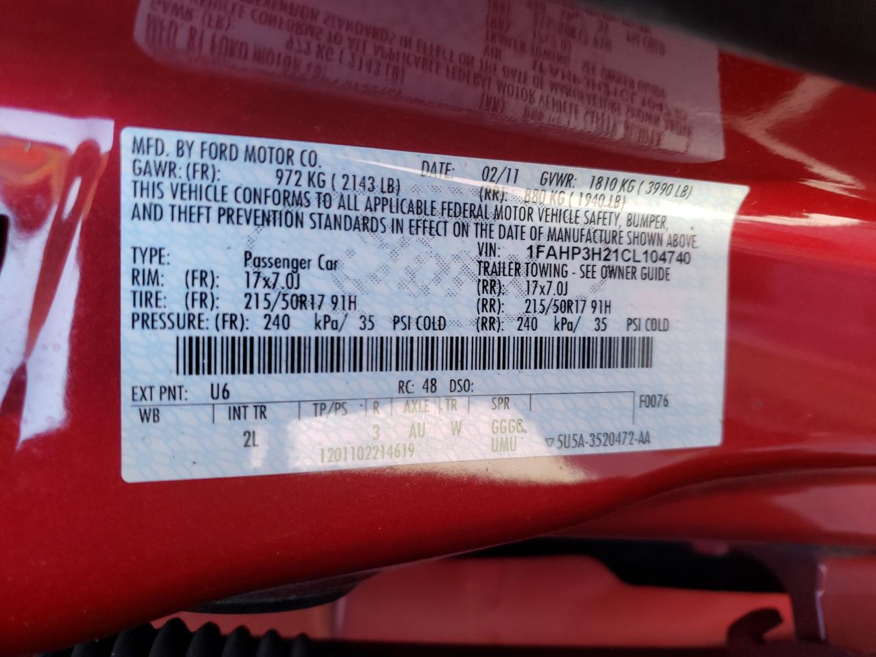 Photo 10 from auction – 2012 FORD FOCUS with VIN 1FAHP3H21CL104740