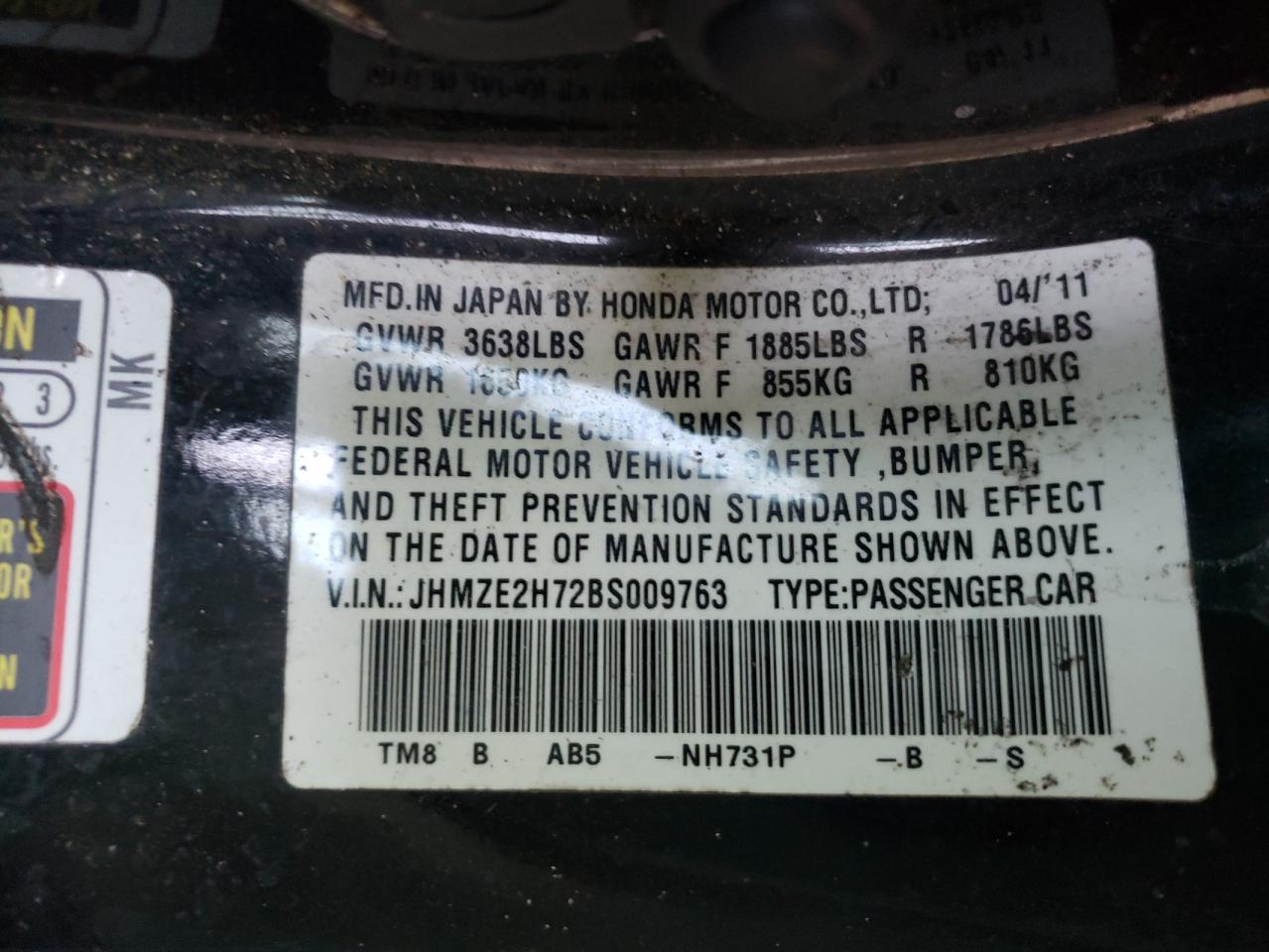 Photo 10 from auction – 2011 HONDA INSIGHT EX with VIN JHMZE2H72BS009763