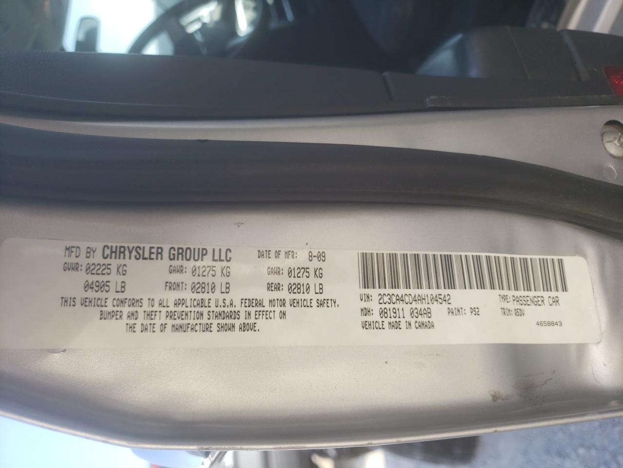 Photo 10 from auction – 2010 CHRYSLER 300 TOURIN with VIN 2C3CA4CD4AH104542