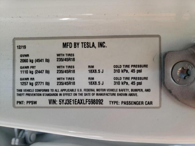 Photo 10 from auction – 2020 TESLA MODEL 3 with VIN 5YJ3E1EAXLF598092