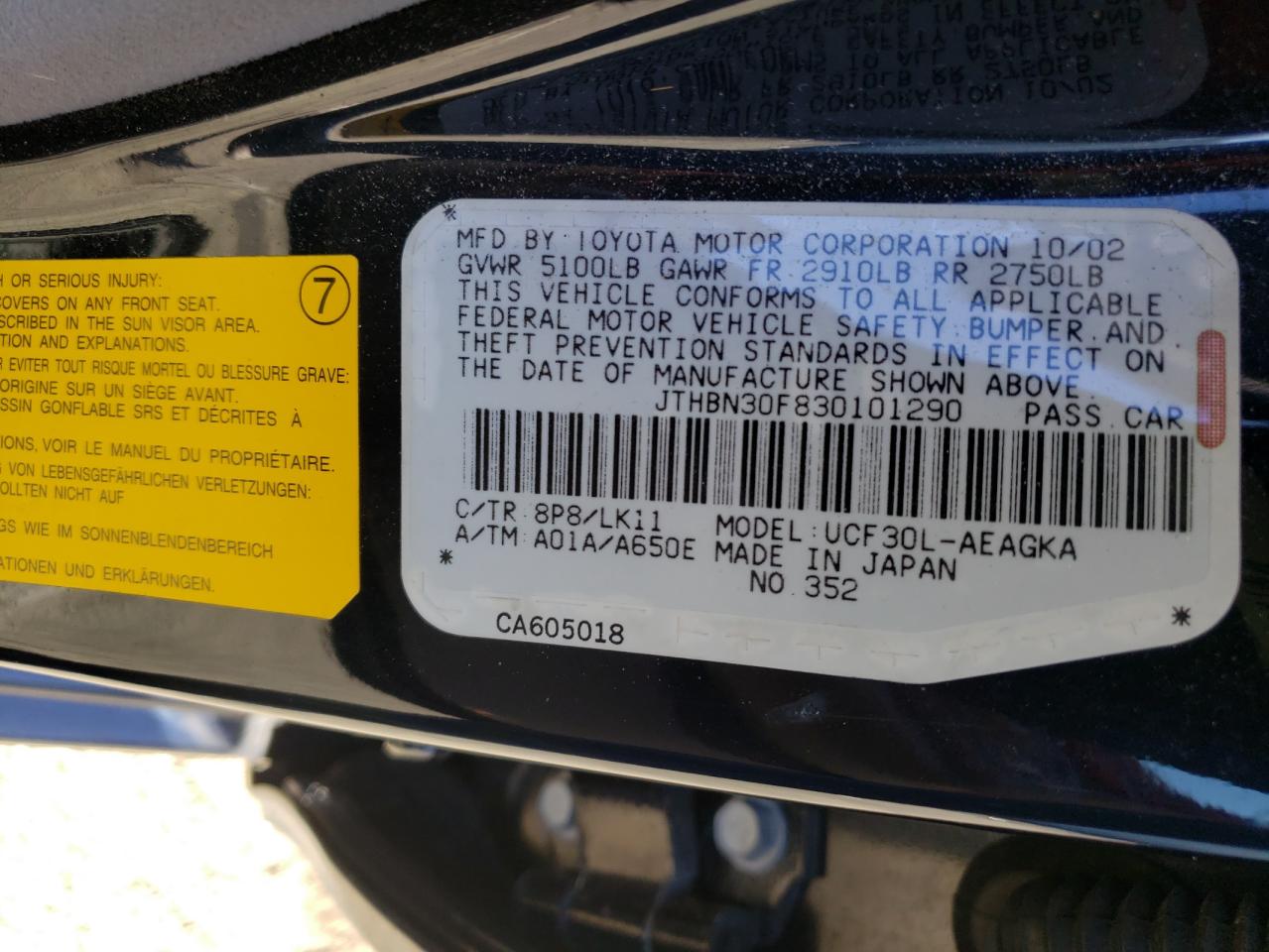 Photo 10 from auction – 2003 LEXUS LS 430 with VIN JTHBN30F830101290