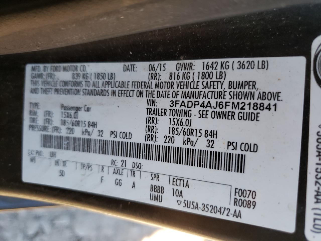 Photo 10 from auction – 2015 FORD FIESTA S with VIN 3FADP4AJ6FM218841