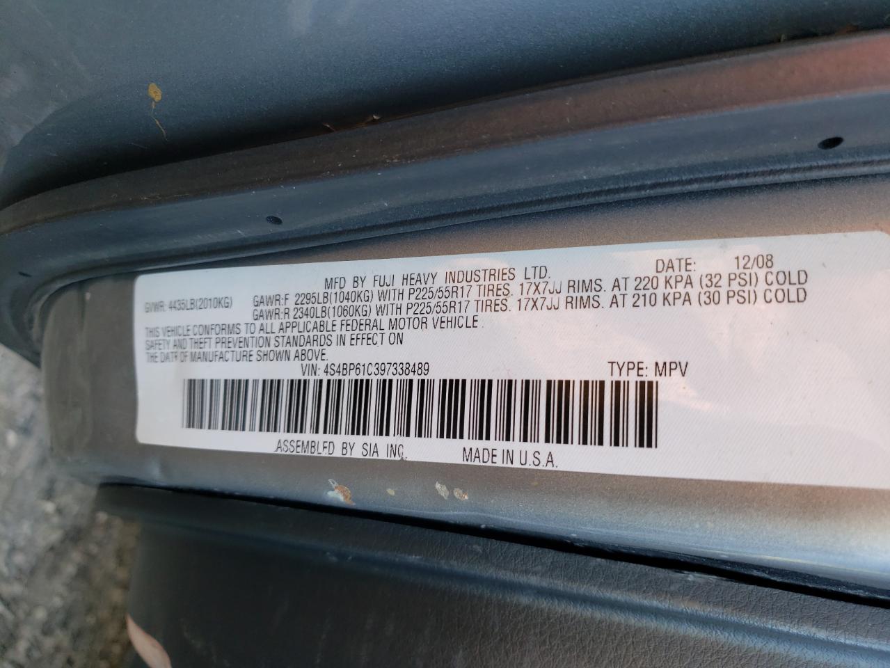Photo 10 from auction – 2009 SUBARU OUTBACK 2. with VIN 4S4BP61C397338489