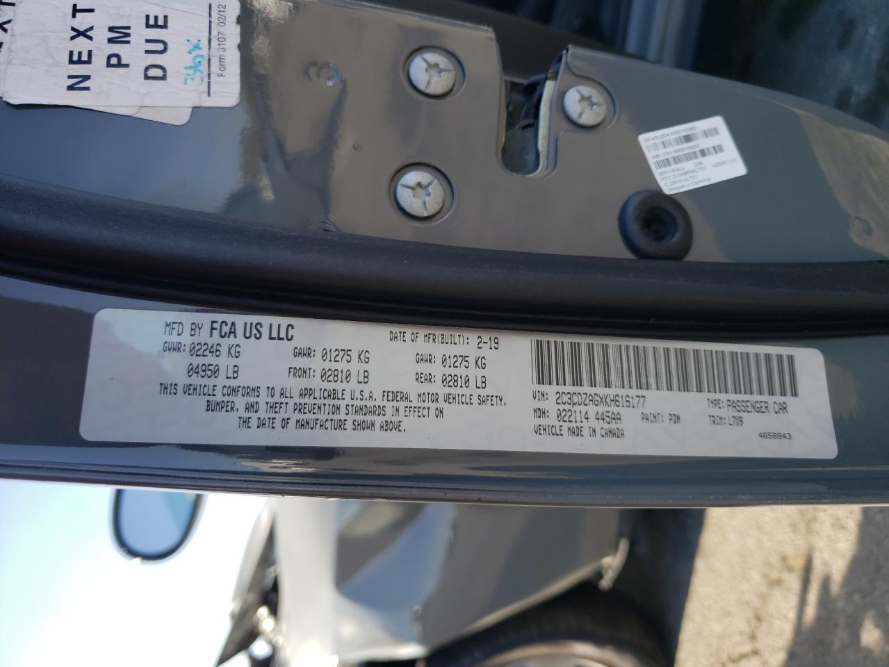 Photo 10 from auction – 2019 DODGE CHALLENGER with VIN 2C3CDZAGXKH616177