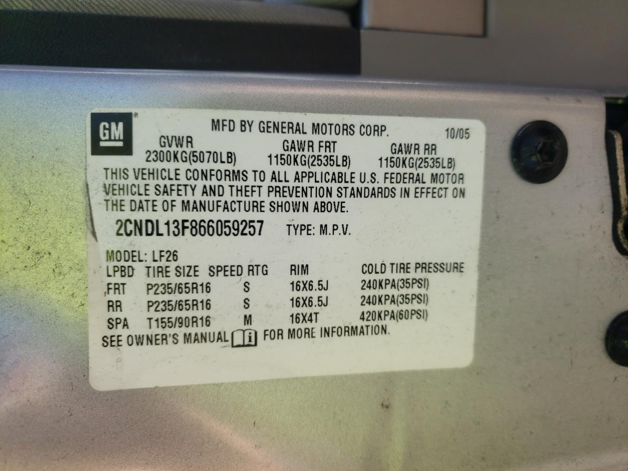 Photo 10 from auction – 2006 CHEVROLET EQUINOX LS with VIN 2CNDL13F866059257
