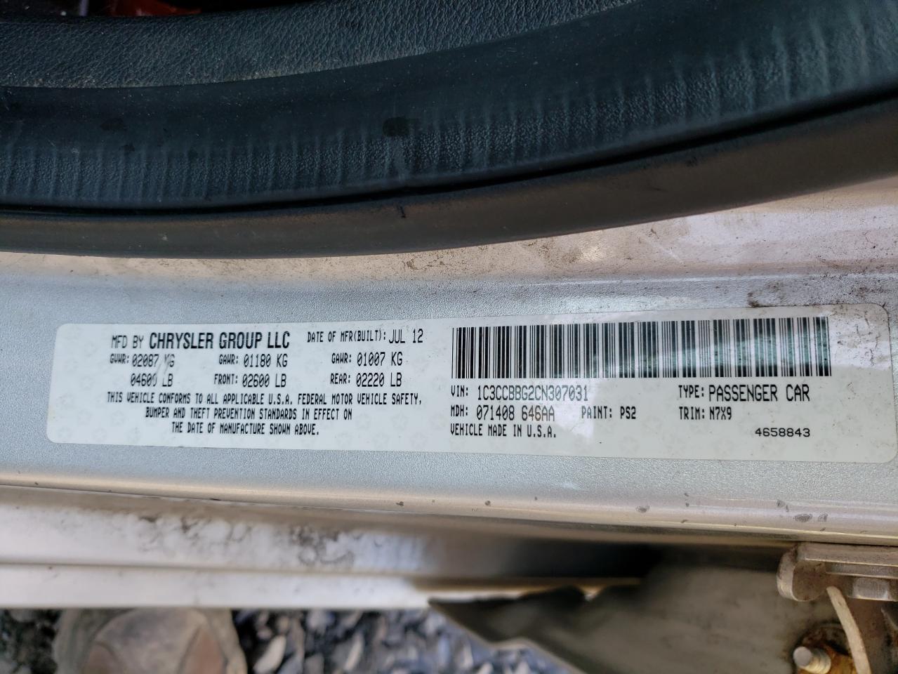 Photo 10 from auction – 2012 CHRYSLER 200 TOURIN with VIN 1C3CCBBG2CN307031