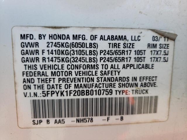 Photo 10 from auction – 2011 HONDA RIDGELINE with VIN 5FPYK1F20BB010759