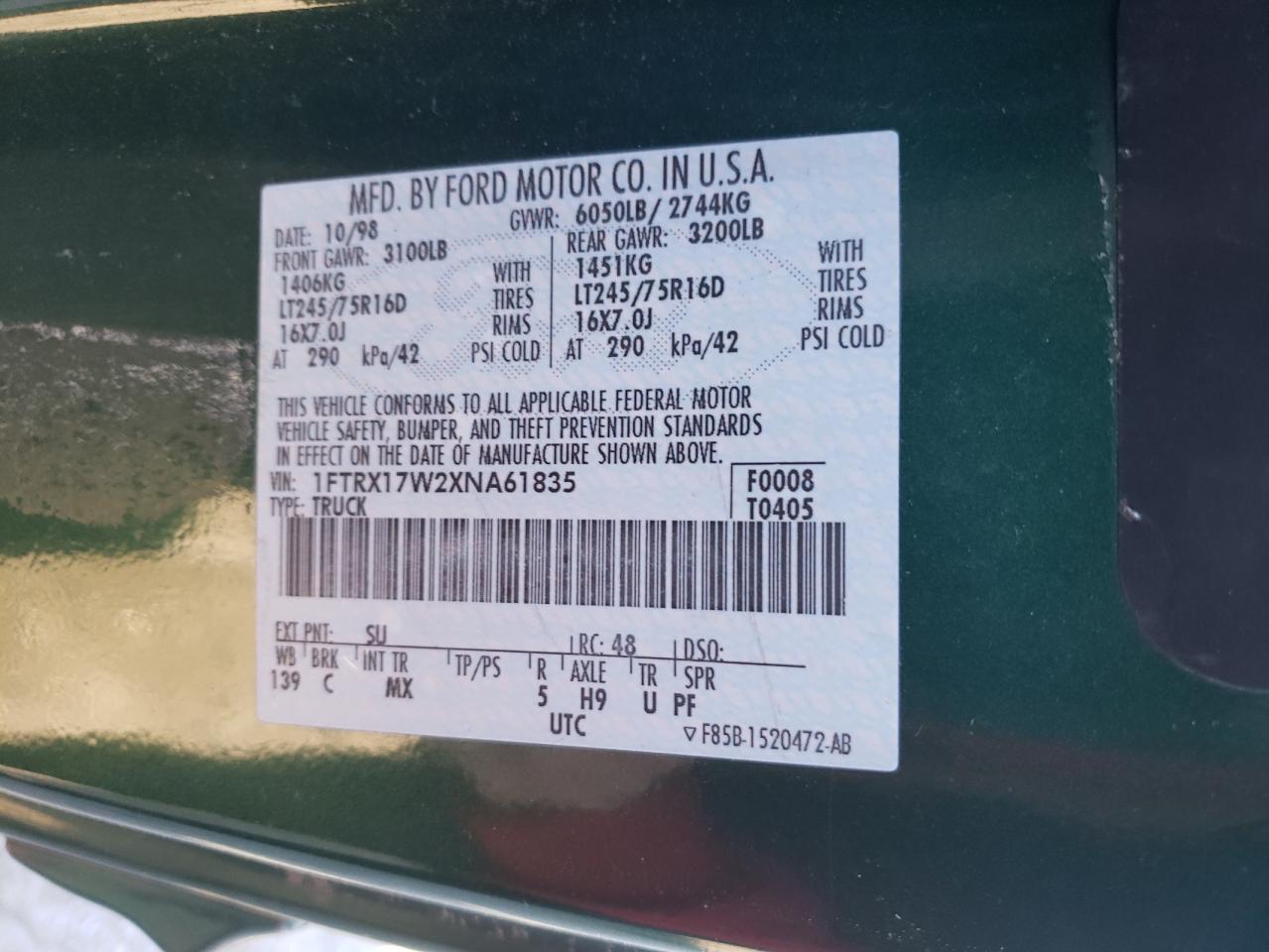 Photo 10 from auction – 1999 FORD F150 with VIN 1FTRX17W2XNA61835