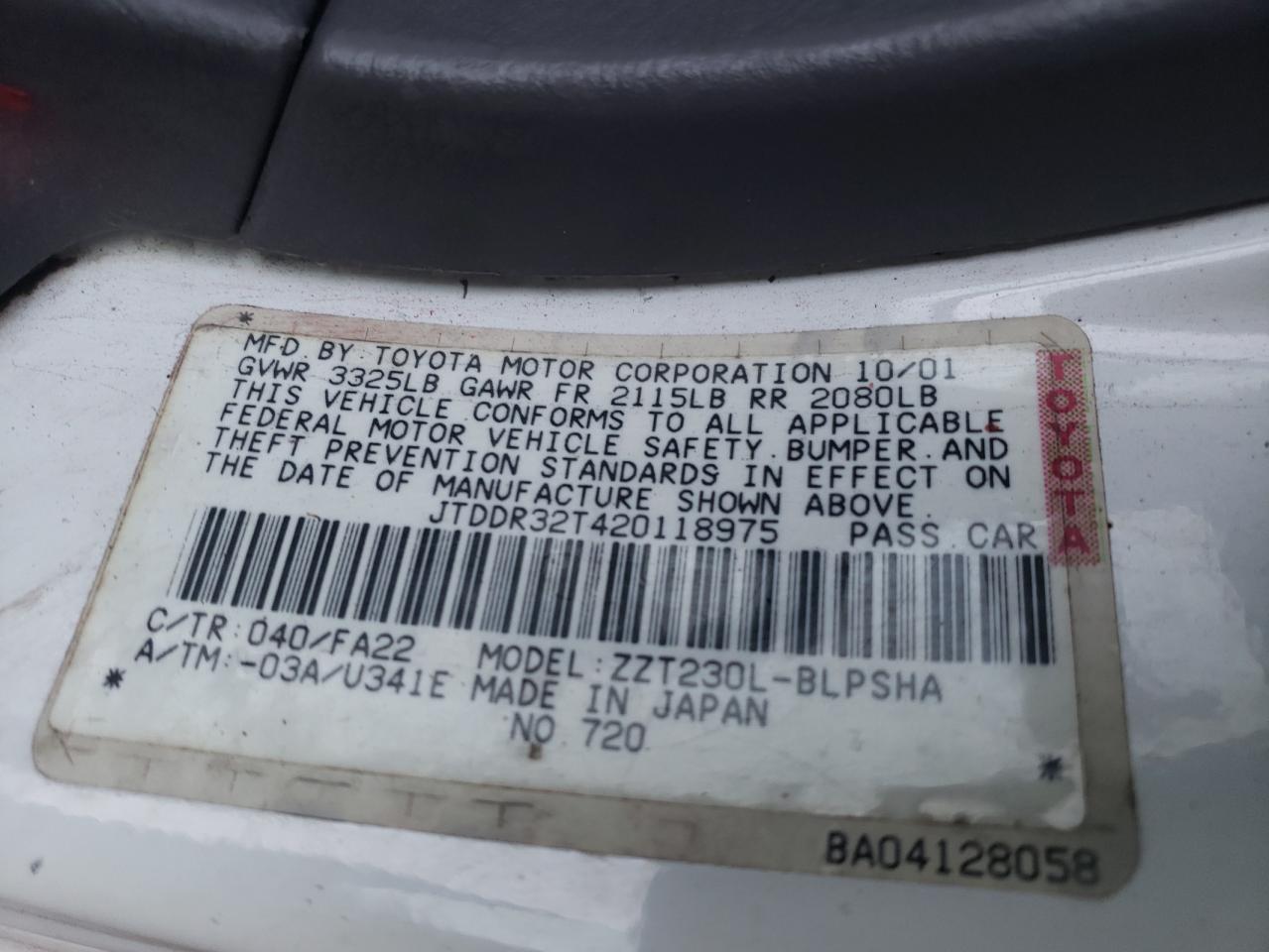 Photo 10 from auction – 2002 TOYOTA CELICA with VIN JTDDR32T420118975