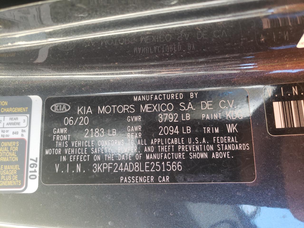 Photo 10 from auction – 2020 KIA FORTE FE with VIN 3KPF24AD8LE251566